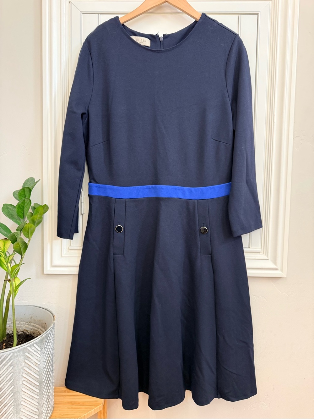 Hobbs Navy Blue Long-Sleeve Dress with Royal Blue Waist Accent - Size 12